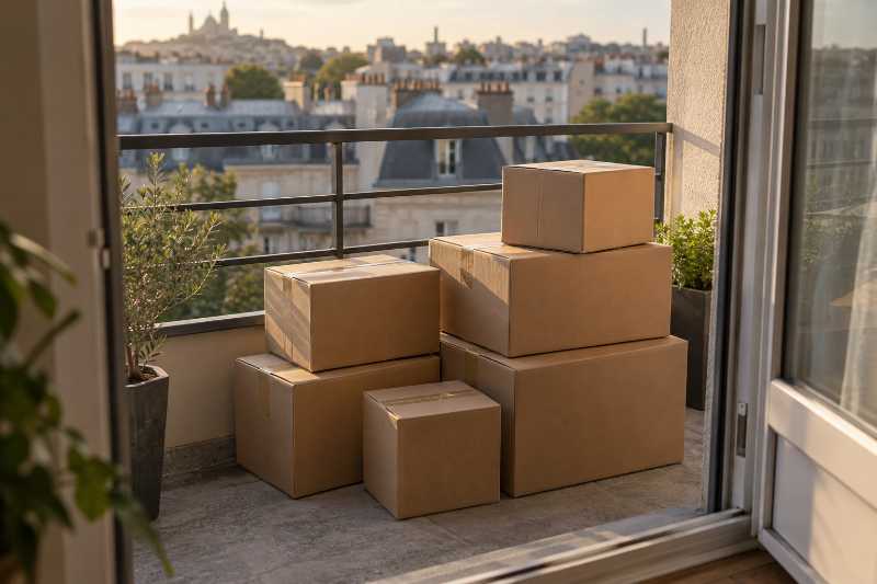 Cartons empilés sur un balcon d'étage avant la descente