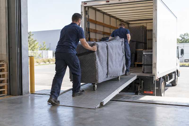 Chargement de mobilier housse depuis un quai d'entrepôt logistique