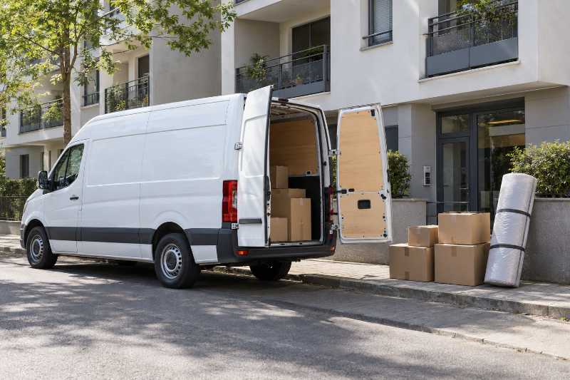 Chargement partiel d'un utilitaire garé devant une résidence à étages