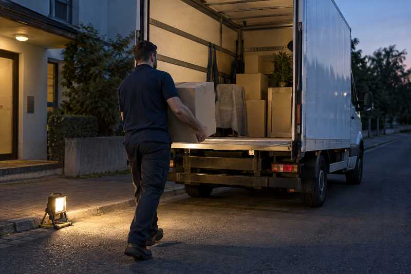 Chargement d'un camion sous un projecteur portable en fin de journée