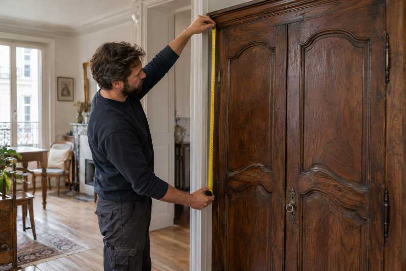 Chef d'équipe relevant les dimensions d'une armoire ancienne en bois massif