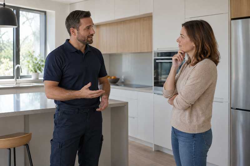 Échange entre un chef d'équipe et un client dans une cuisine, lors d'un ajustement de prestation