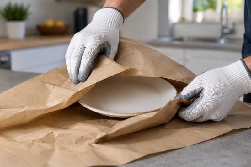 Mains emballant de la vaisselle dans du papier kraft, dans une cuisine