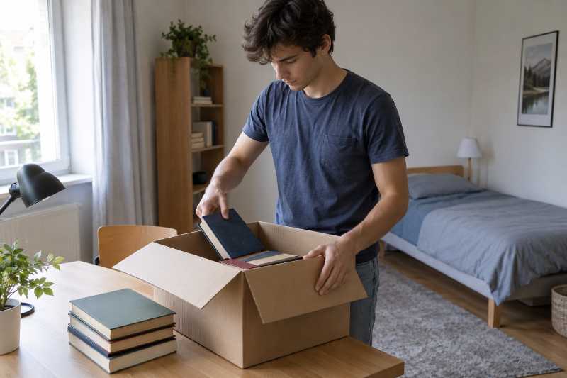 Étudiant emballant des livres dans un carton, dans une chambre meublée simplement
