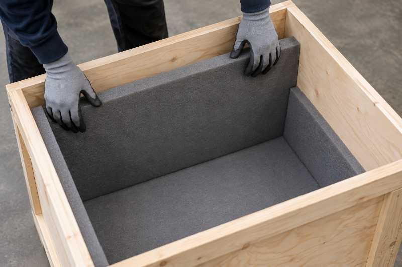 Mise en place de mousse de protection à l'intérieur d'une caisse en bois ouverte