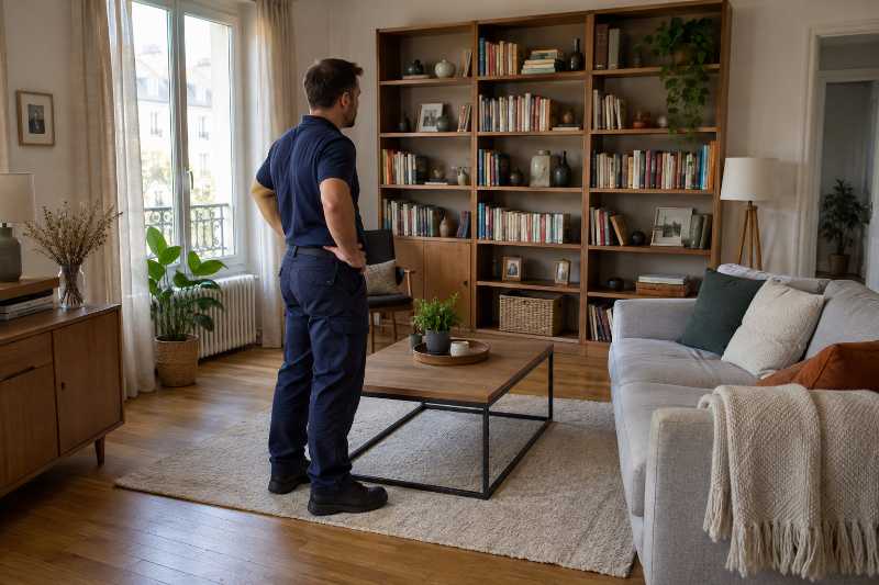 Chef d'équipe observant le mobilier d'un salon lors d'un premier relevé