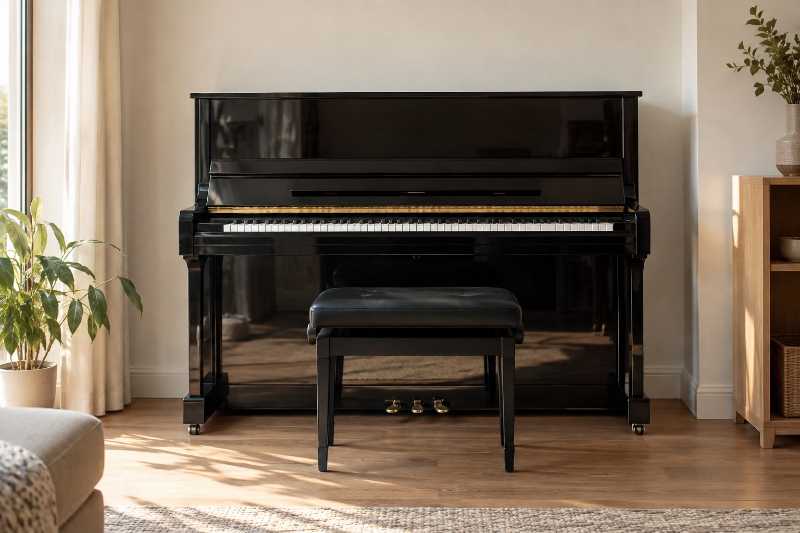 Piano droit installé contre un mur de salon, housse retirée, avant l'accordage