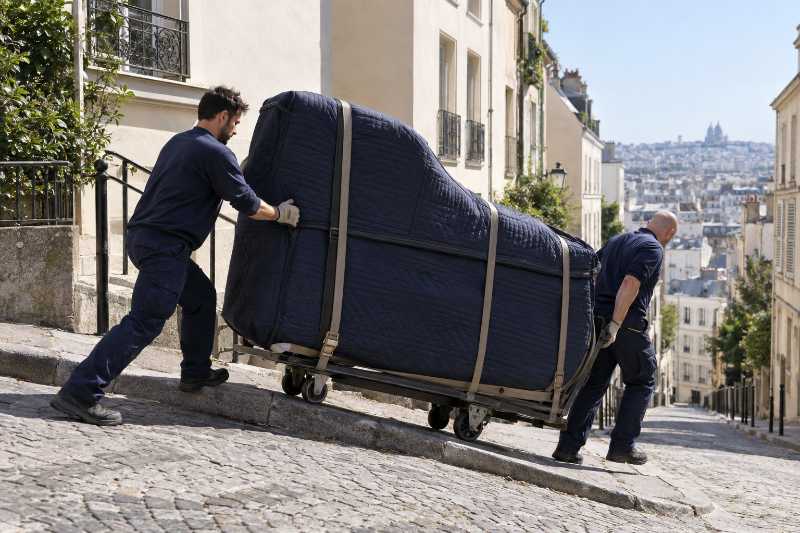 Piano à queue housse transporté sur un diable dans une rue en forte pente