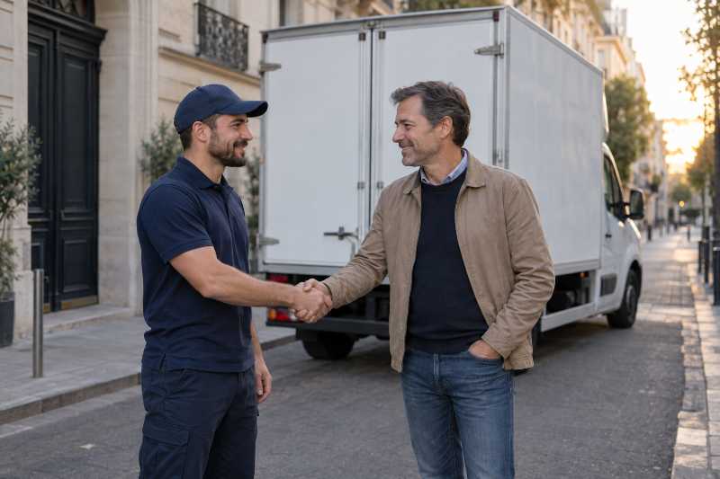 Poignée de main entre un client et un chef d'équipe devant un camion prêt au départ