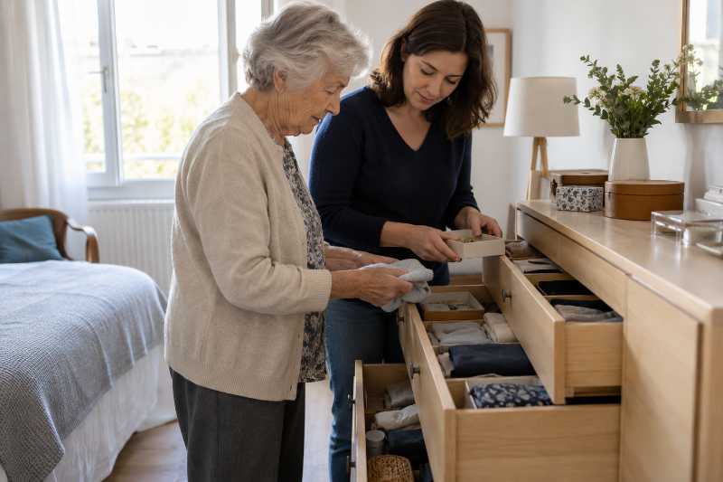 Tri d'objets personnels rangés dans une commode ouverte, dans une chambre claire