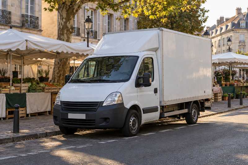 Utilitaire de déménagement à l'arrêt en bordure d'une rue occupée par un marché couvert
